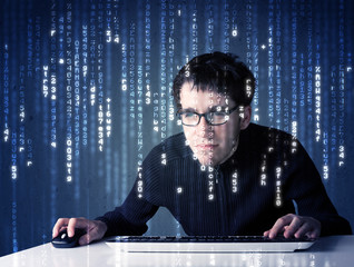 Fototapete - Hacker decoding information from futuristic network technology