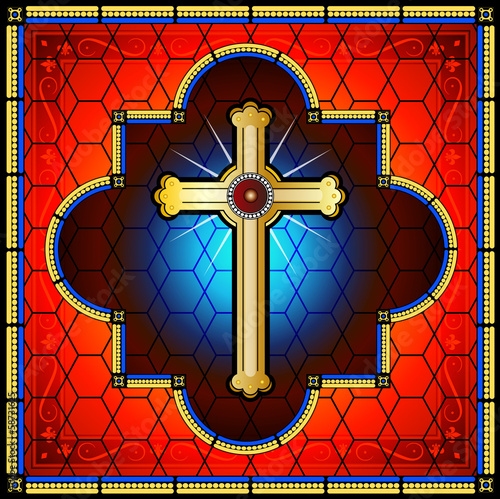 Obraz w ramie Golden christian cross in stained glass