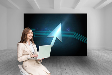 Composite image of smiling businesswoman sitting and using lapto