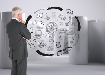 Poster - Composite image of thoughtful businessman standing back to camer