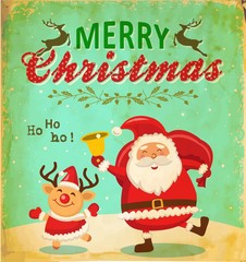 Wall Mural - Christmas card with cute Santa claus and Christmas reindeer