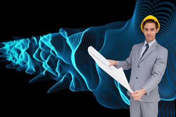 Wall Mural - Composite image of serious architect with hard hat holding plans