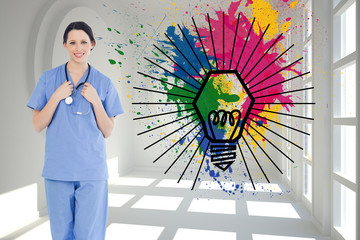 Wall Mural - Composite image of smiling medical intern wearing a blue short-s