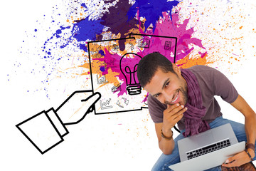 Poster - Composite image of thoughtful man sitting on floor using laptop