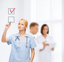 Poster - doctor or nurse drawning checkmark into checkbox