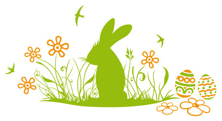 Fototapete - Ostern, Frühling. Wiese mit Osterhase, Ostereier und Schwalben.