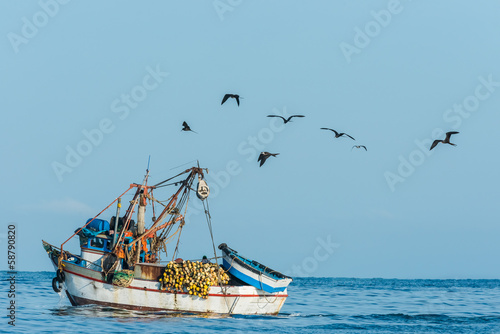 Plakat na zamówienie flock of birds and fishing boat in the peruvian coast at Piura P