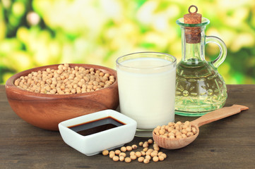Wall Mural - Soy products on table on bright background