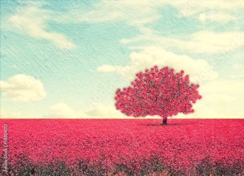 Naklejka - mata magnetyczna na lodówkę pink tree in a pink field