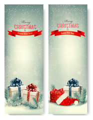 Poster - Two retro holiday banners with gift boxes and ribbons. Vector