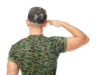 Wall Mural - Back view of army soldier saluting