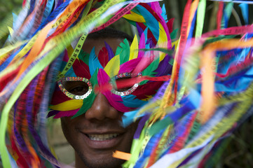 Colorful Rio Carnival Smiling Brazilian Man in Mask