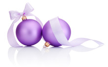 Two Purple Christmas Balls With Ribbon Bow Isolated On White Bac
