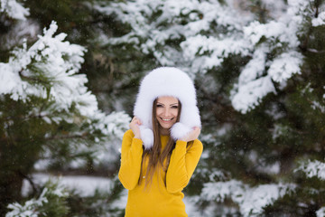 christmas new year snow winter beautiful girl in white hat natur