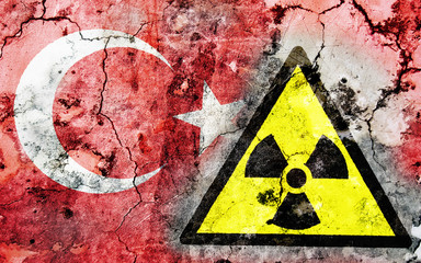 Wall Mural - Old cracked wall with radiation warning sign and painted flag