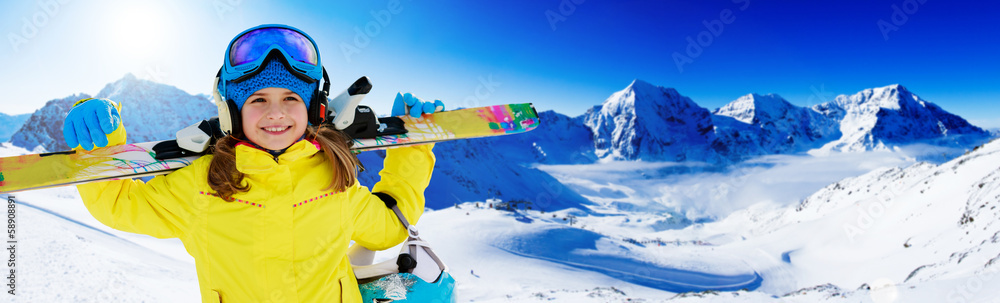 Skiing, winter, ski billboard, skier girl - obrazy, fototapety, plakaty 