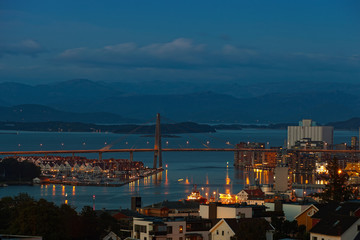 Night panorama sea port of Stavanger, Norway.