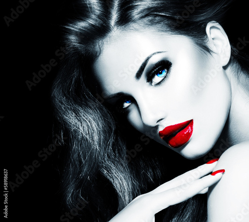 Naklejka na szybę Sexy Beauty Girl with Red Lips and Nails. Provocative Makeup