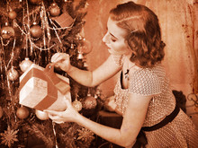 Woman Receiving Gifts.  Black And White Retro.