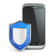 Fototapete - Mobile phone security concept. Cellphone and shield.