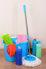 Wall Mural - Different tools for cleaning floor in room