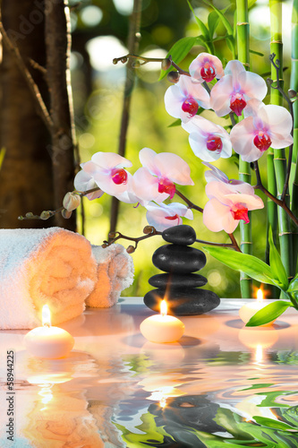Foto-Tapete - massage composition spa with candles, orchids, stones in garden (von Romolo Tavani)