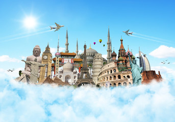Fototapete - Travel the world monuments clouds concept
