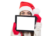 Cute Santa Girl Hiding Behind Tablet Computer