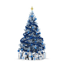 Isolated Blue Christmas Tree With Gold Stars And Presenrs
