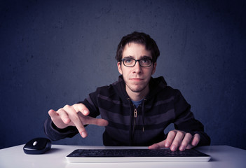 Aufkleber - Hacker working with keyboard on blue background