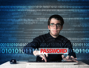 Fototapete - Young geek hacker stealing password