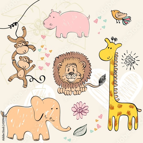 Naklejka dekoracyjna set of wild animals. Hand drawn illustration