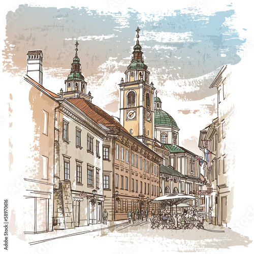 Obraz w ramie Vector drawing of central street of old european town