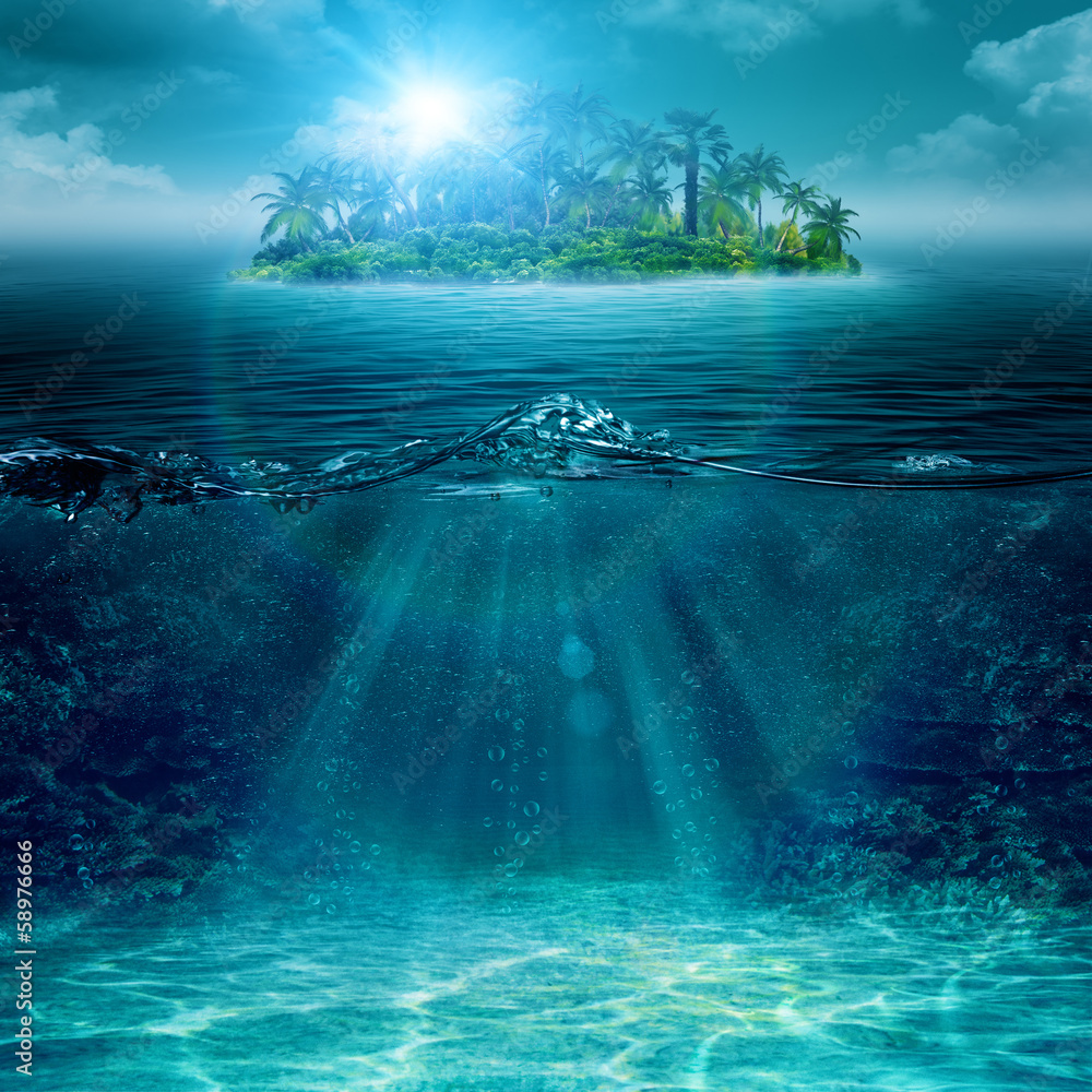 Alone island in ocean, abstract environmental backgrounds - obrazy, fototapety, plakaty 