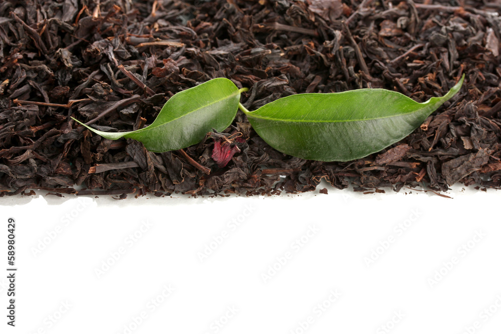Dry black tea with green leaves, isolated on white