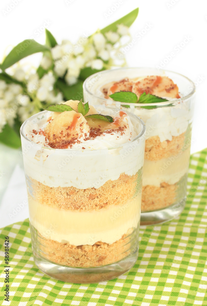 Delicious dessert with banana and caramel