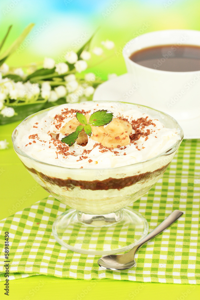 Delicious dessert with banana and caramel