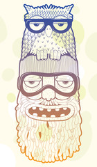 Sticker - bearded man in ski-glasses with owl on his head