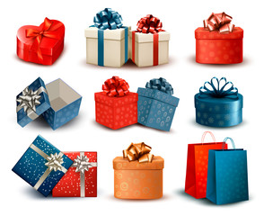 Leinwandbilder - Set of colorful retro gift boxes with bows and ribbons. Vector i