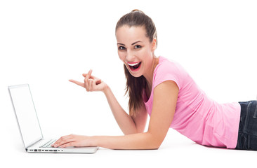 Canvas Print - Woman pointing at laptop