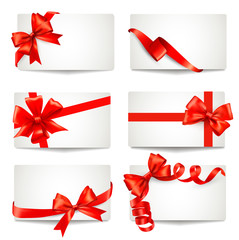Leinwandbilder - Set of beautiful gift cards with red gift bows with ribbons Vect