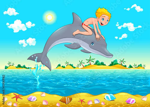 Board z aluminiowym obramowaniem Chłopiec i delfin w morzu.