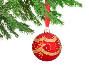 Sticker - Red decorations Christmas ball hanging on a fir tree branch Isol