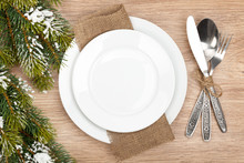 Empty Plate And Silverware Set With Christmas Tree