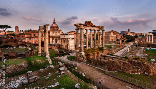 Fotoboard na płycie Panorama rzymskiego forum (foro romano) o zachodzie słońca, Rzym, Włochy