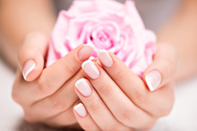 Beautiful Woman's Nails With French Manicure  And Rose