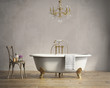 Classic bathtub with chandellier and aged wood floor
