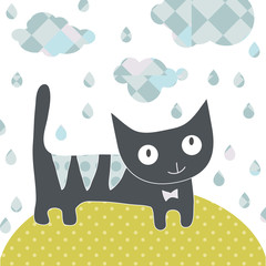 Wall Mural - cute baby kitten autumn greeting card with water drop