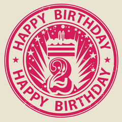 Stamp with candles, cake and the text Happy Birthday, vector