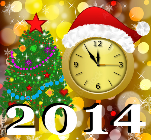 Fotografie, Obraz clock with a new-year cap, by a fir-tree decorated and symbols o